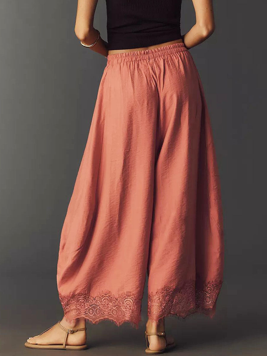 Women's Solid Color Lace Stylish Art Casaul Ice Silk Wide Leg Pants