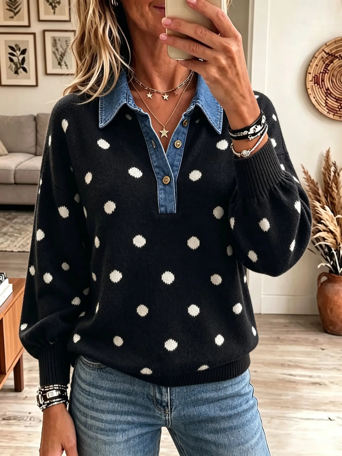 Women's Polka Dot Denim Collar Knit Sweater
