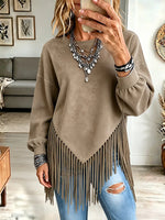 Vintage Elegant Round Neck Patchwork Tassel Suede Shirt