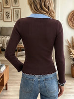 Women's Contrast Collar Lettuce Trim Ribbed Polo Top