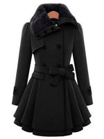 Faux Fur Collar Double‑Breasted Peplum Coat, Belted Short Winter Outerwear