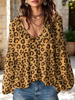 Women's Leopard Pattern Art Print Ruffle Casual Long Sleeve Cotton Linen Shirt