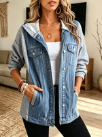 Retro Long Sleeve Hooded Casual Stylish Waffle Denim Patchwork Coat