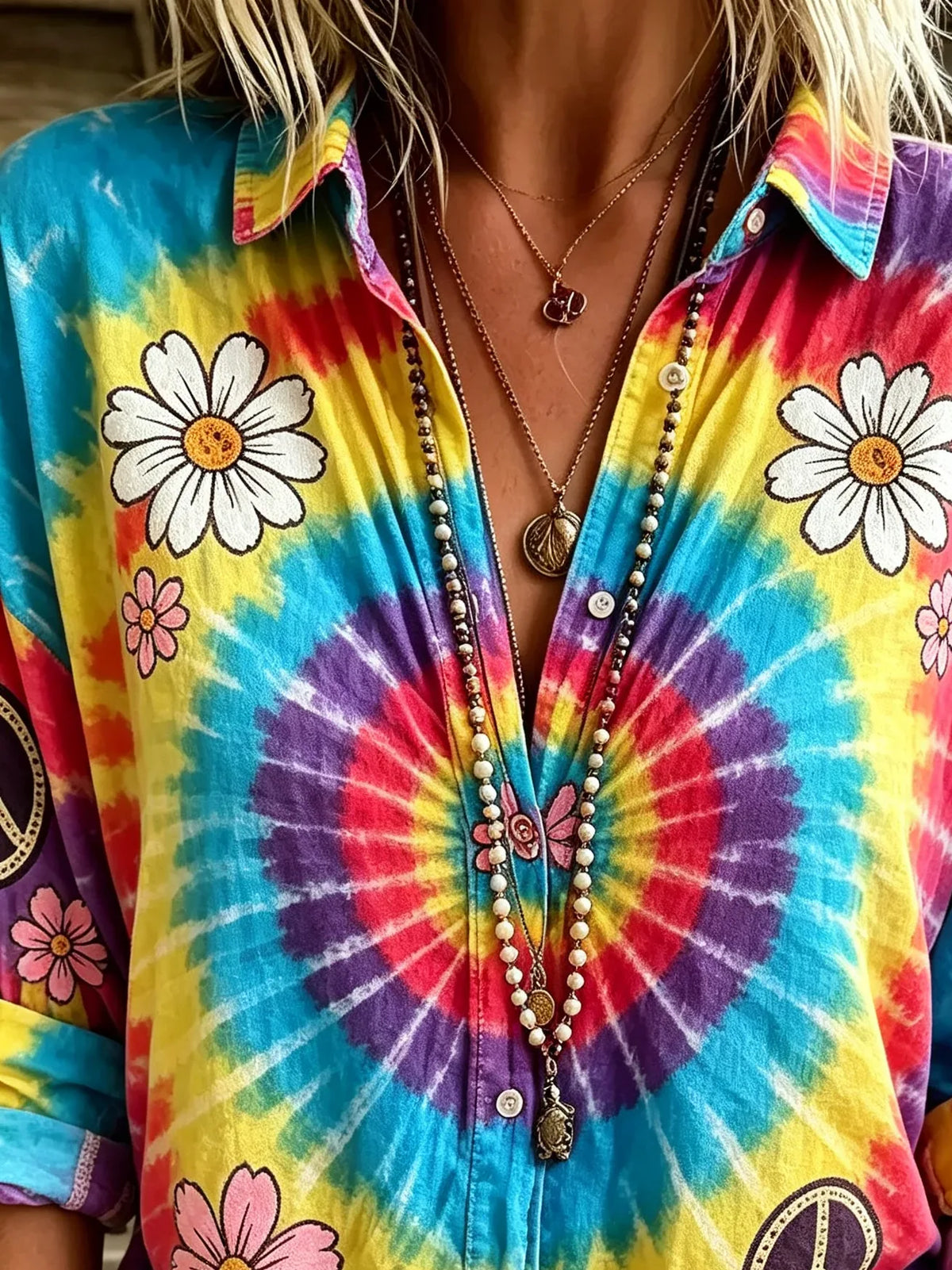 Women's Rainbow Tie Dye Daisy Peace Sign Print Collared Shirt