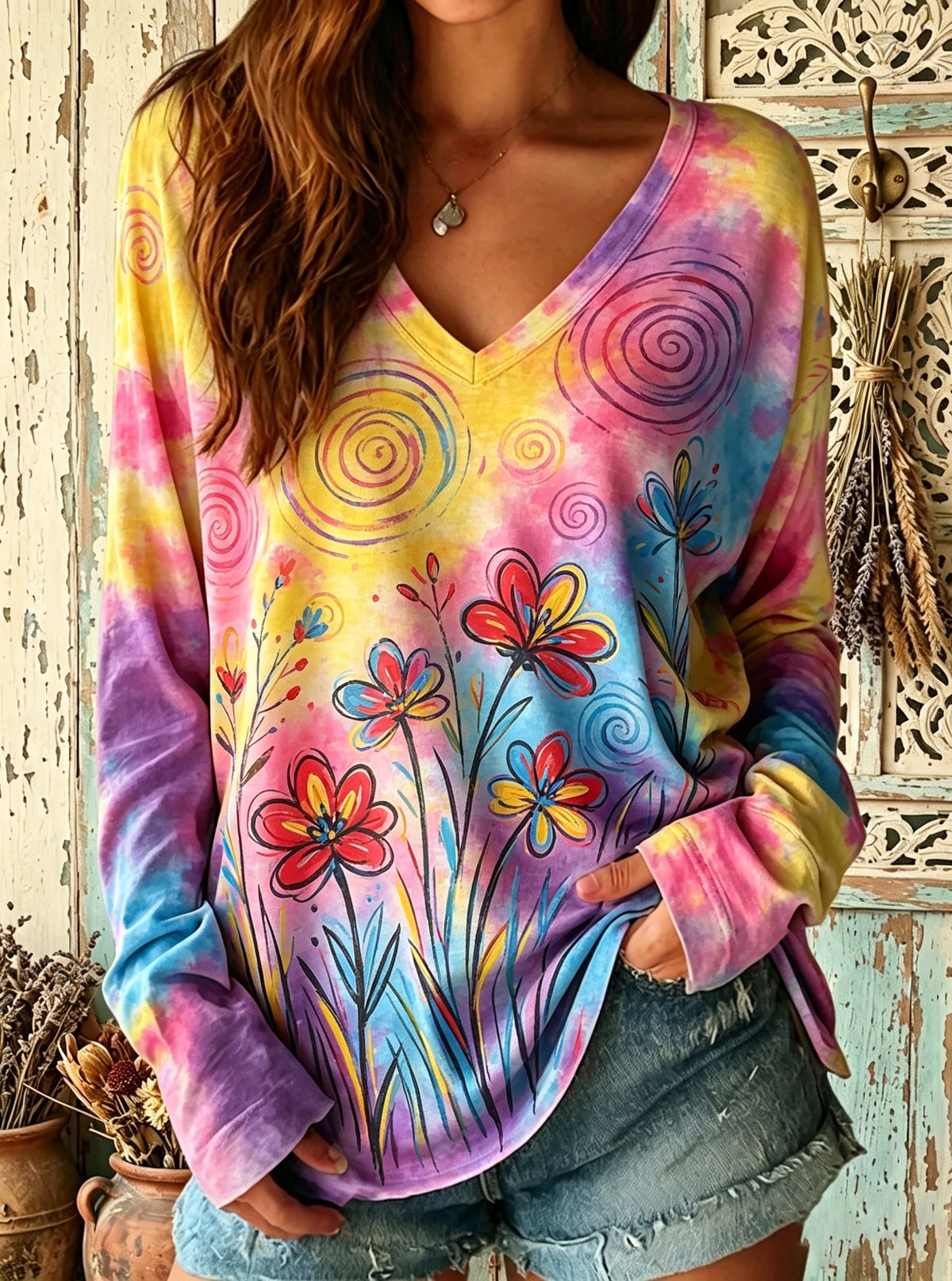 Women's Abstract Floral Tie-Dye Print V-Neck Top