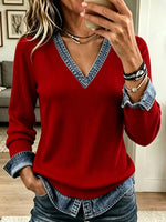 Women's Denim Trim V-Neck Ribbed Knit Sweater