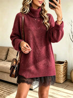 Women's Turtleneck Lace Hem Sweater Dress