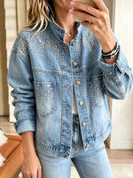 Women Rhinestone Embellished Stand Collar Denim Jacket Long Sleeve Button‑Up Casual Coat
