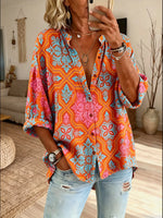 Women Vintage Damask Floral All Over Print Button Down Shirt