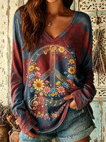 Women's Floral Peace Sign Print V-Neck Top