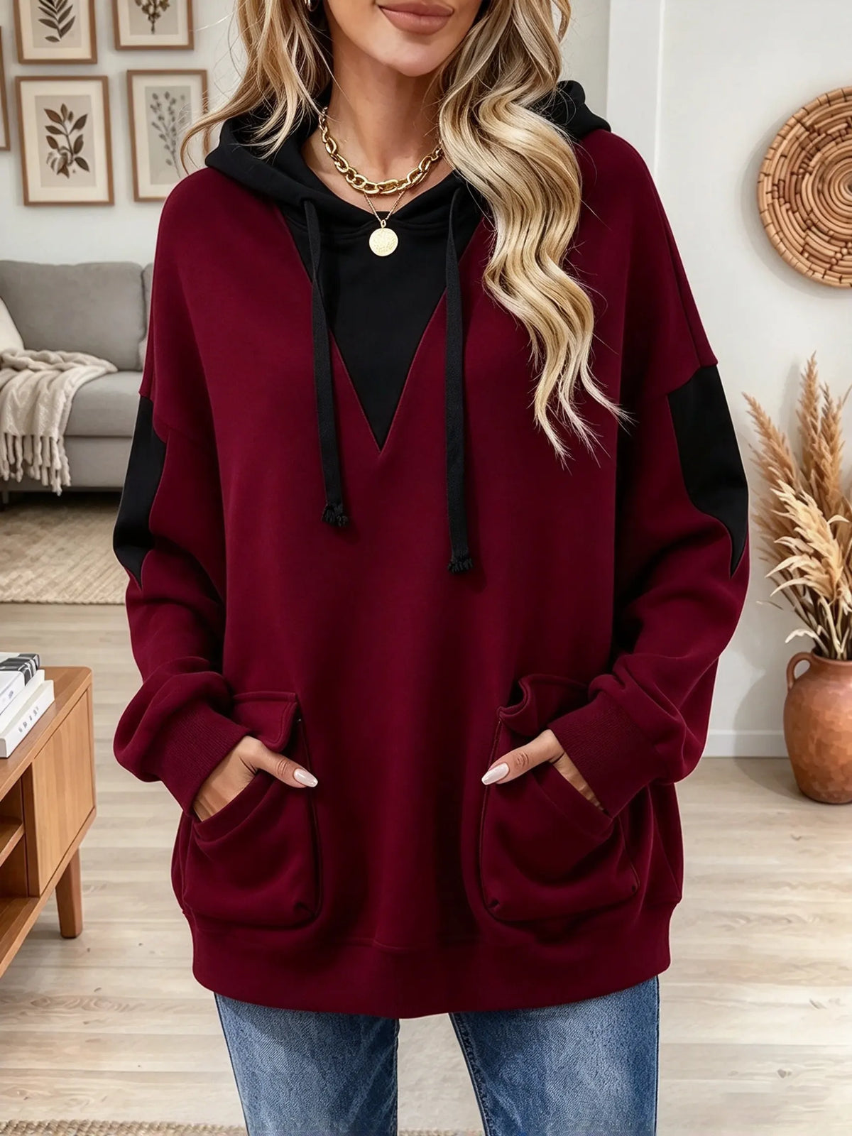 Women's Colorblock V-Neck Drawstring Fleece Hoodie