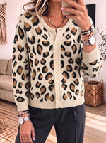 Leopard Print Round Neck Button‑front Long Sleeve Knit Cardigan