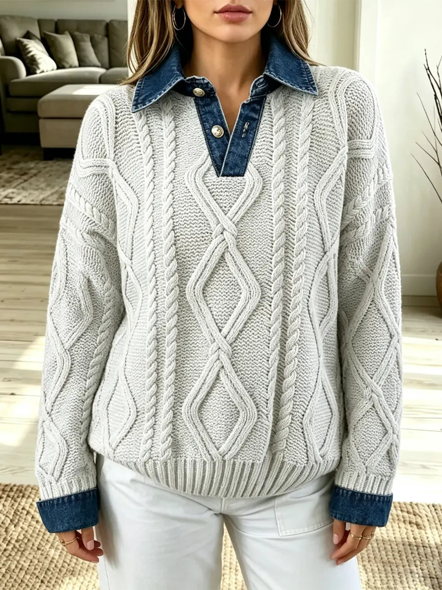 Retro Denim Patchwork Art Casual Stylish Long Sleeve Knit Sweater