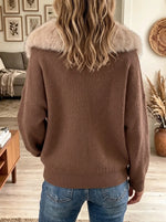 Women's Faux Fur Collar Ribbed Zip-Up Cardigan