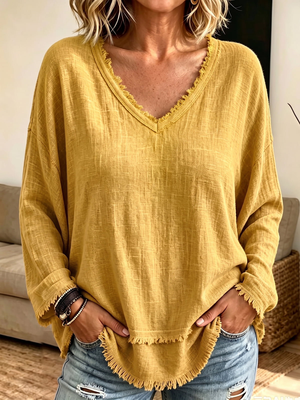 Women Frayed Edge V‑Neck Long Sleeve Top, Loose Textured Casual Blouse