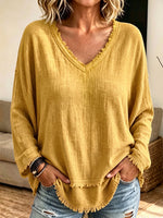 Women Frayed Edge V‑Neck Long Sleeve Top, Loose Textured Casual Blouse