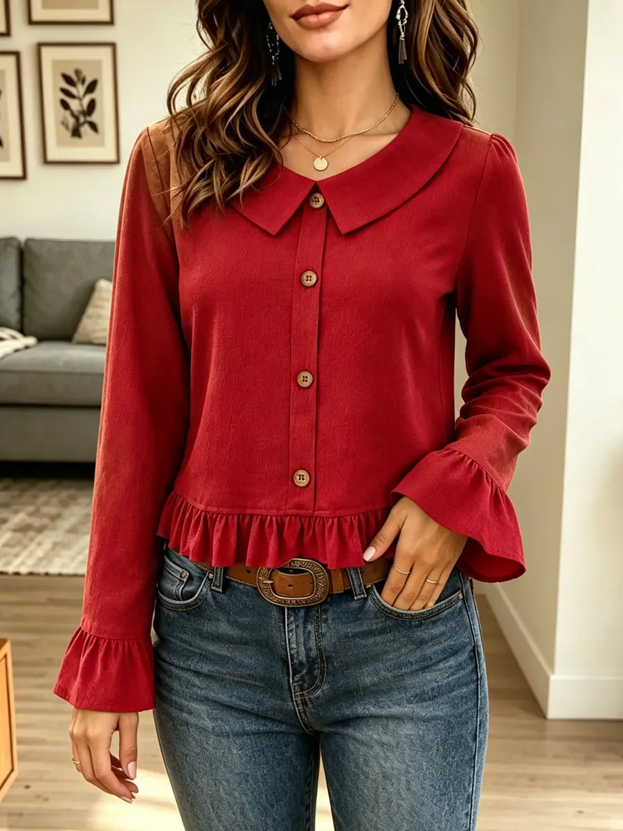 Retro Ruffle Peter‑pan Collar Art Casual Stylish Long Sleeve Shirt