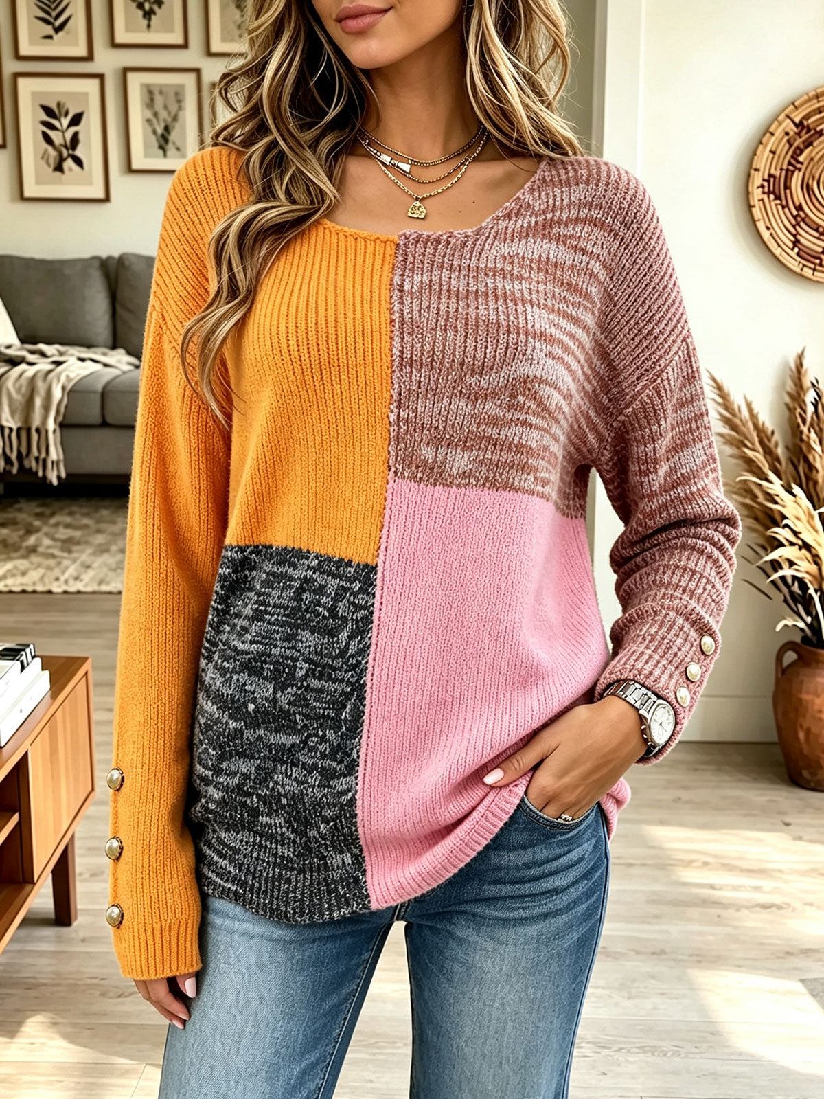 Women's Colorblock Patchwork Knit Sweater, Pearl Button Cuff Long Sleeve Pullover