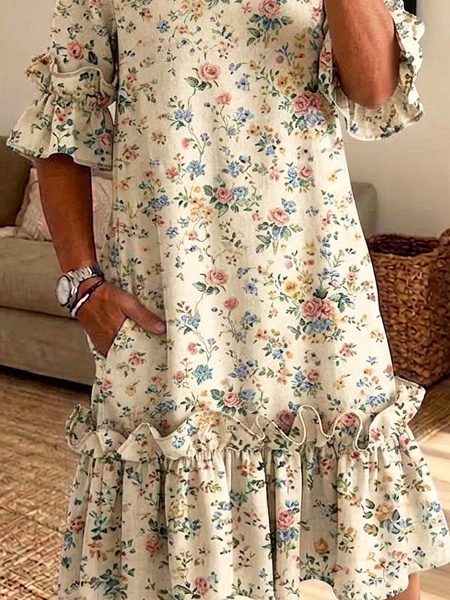 Retro Floral Pattern Art Print Casual Ruffle Stylish Cotton Linen Dress