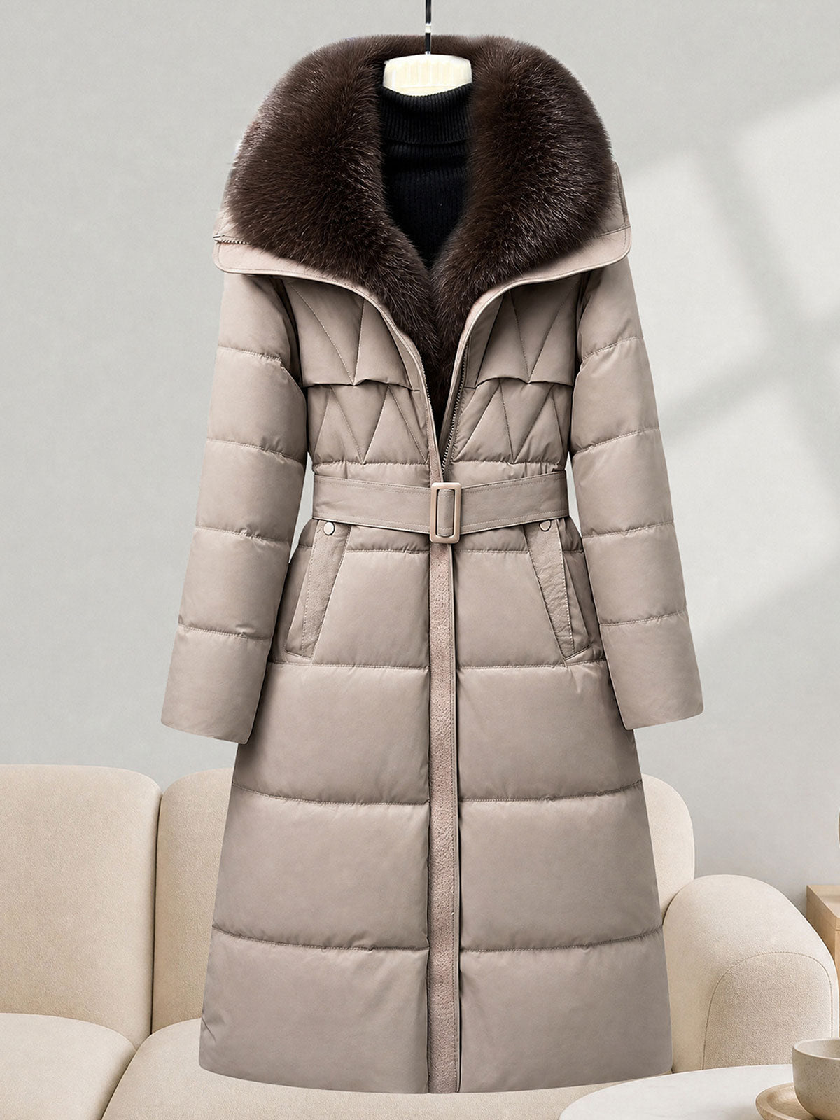 Detachable Faux Fur Hood Belted Long Puffer Coat, Women Winter Warm Quilted Outerwear
