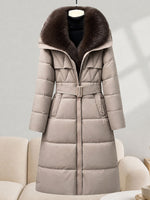 Detachable Faux Fur Hood Belted Long Puffer Coat, Women Winter Warm Quilted Outerwear