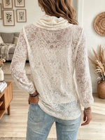 Women's Sheer Floral Lace Draped Cowl Blouse