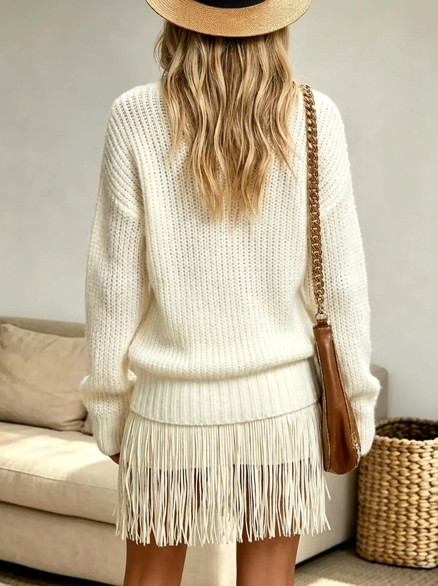Women's V-Neck Fringe Hem Ribbed Sweater Dress