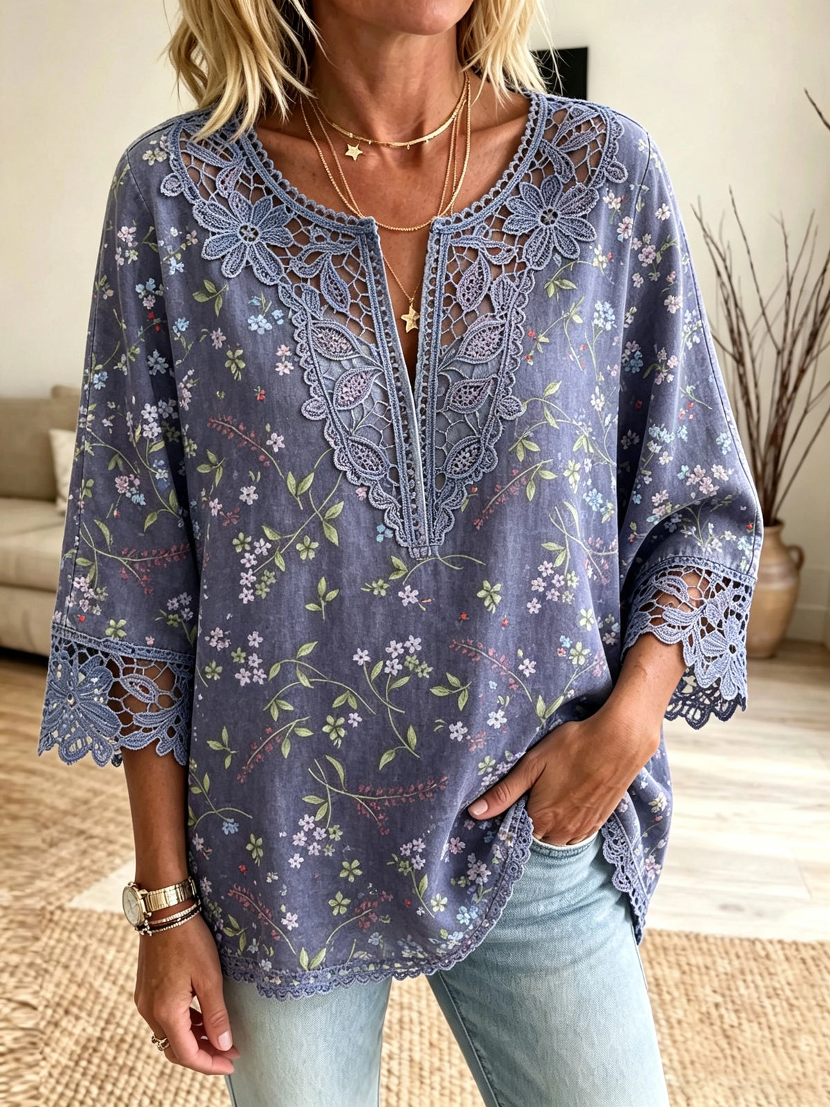 Women's Botanical Crochet Cutout Blouse