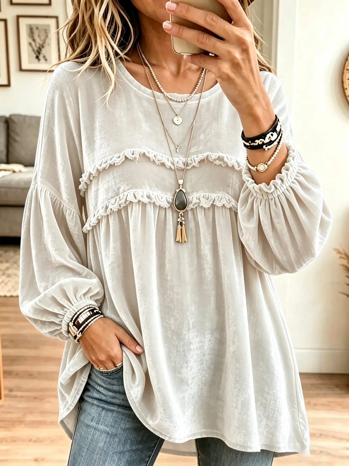 Women's Tiered Ruffle Velvet Babydoll Blouse