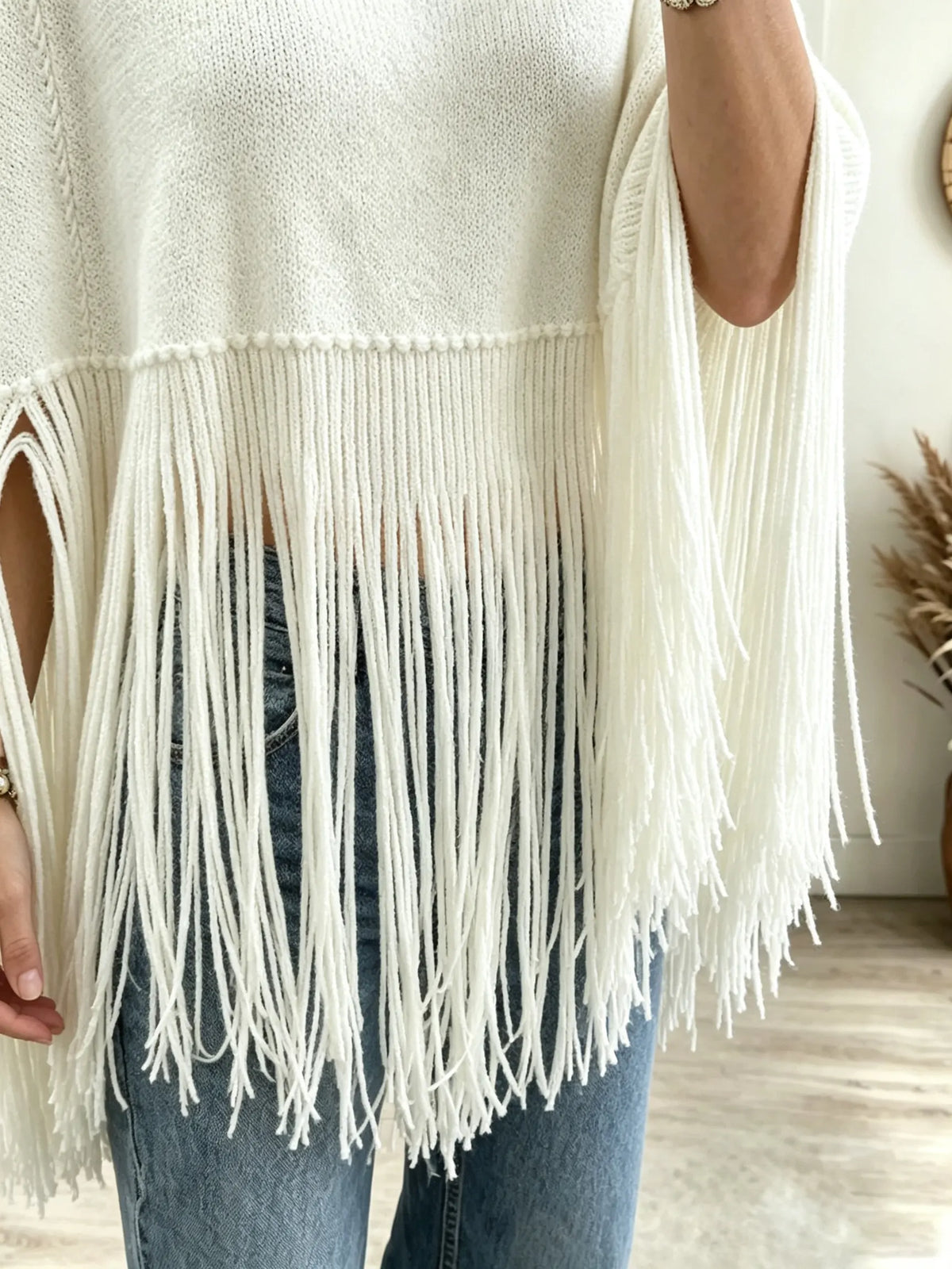 Women's Turtleneck Fringe Knit Poncho Sweater