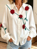 Women 3D Rose Applique Button Down Shirt, Long Puff Sleeve Collar Blouse