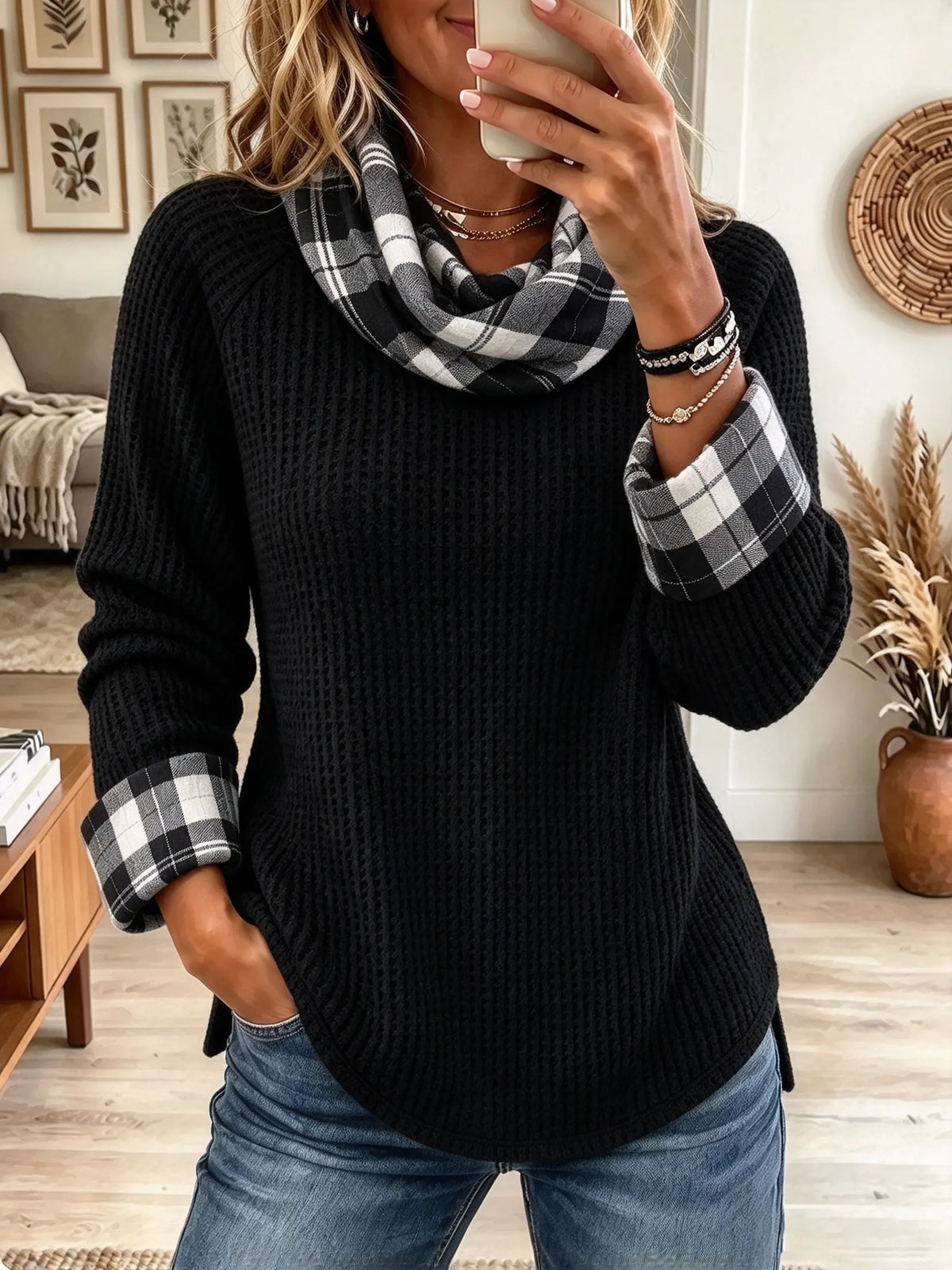 Women's Plaid Contrast Cowl Neck Waffle Knit Top