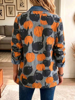 Women Lapel Button Halloween Pumpkin Black Cat Denim Spliced Blazer Jacket Outerwear
