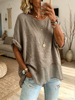 Women Solid Textured Patch 3/4 Sleeve Linen Blouse