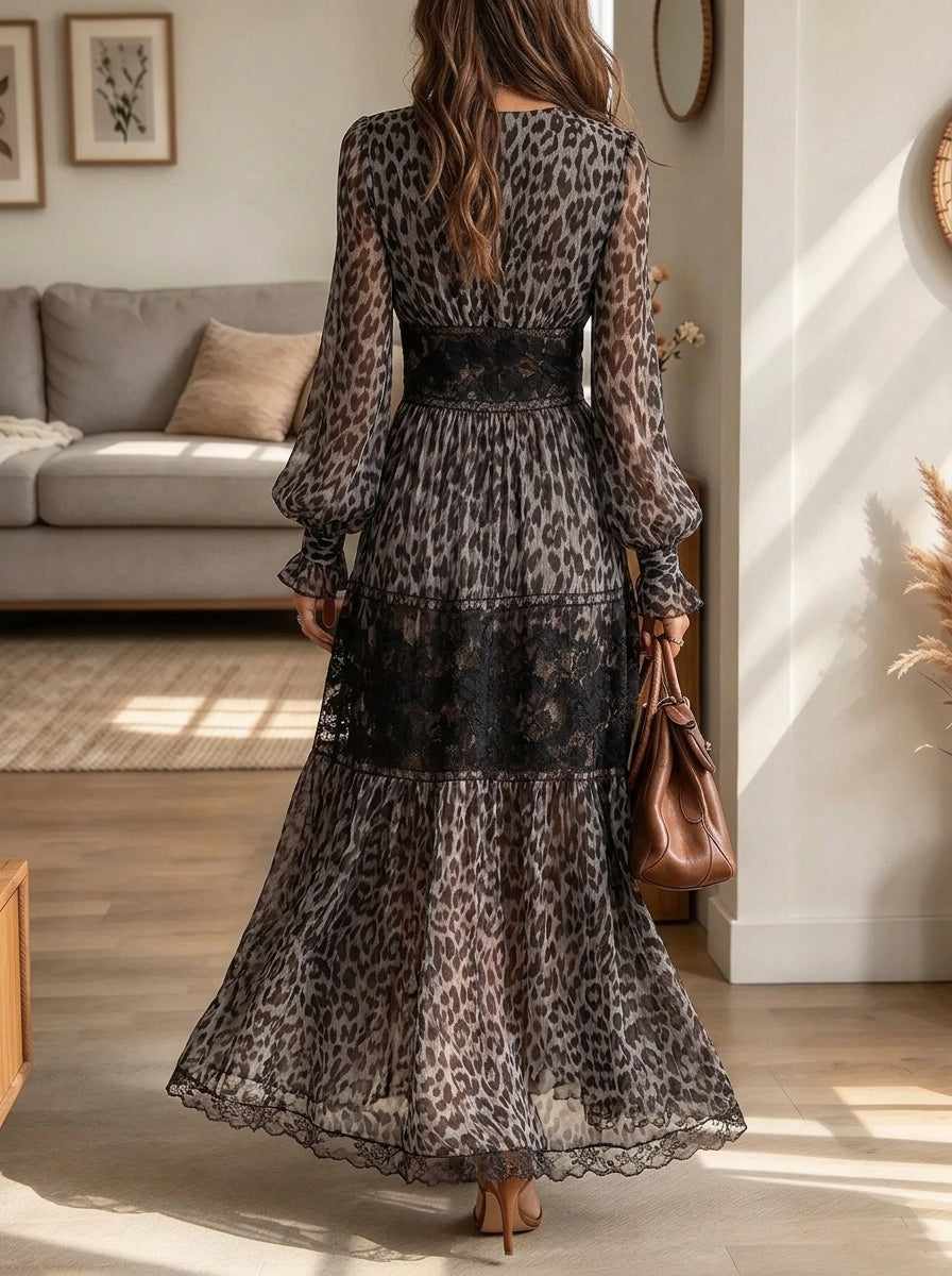 Women's Leopard Chiffon Lace Inset Tiered Maxi Dress