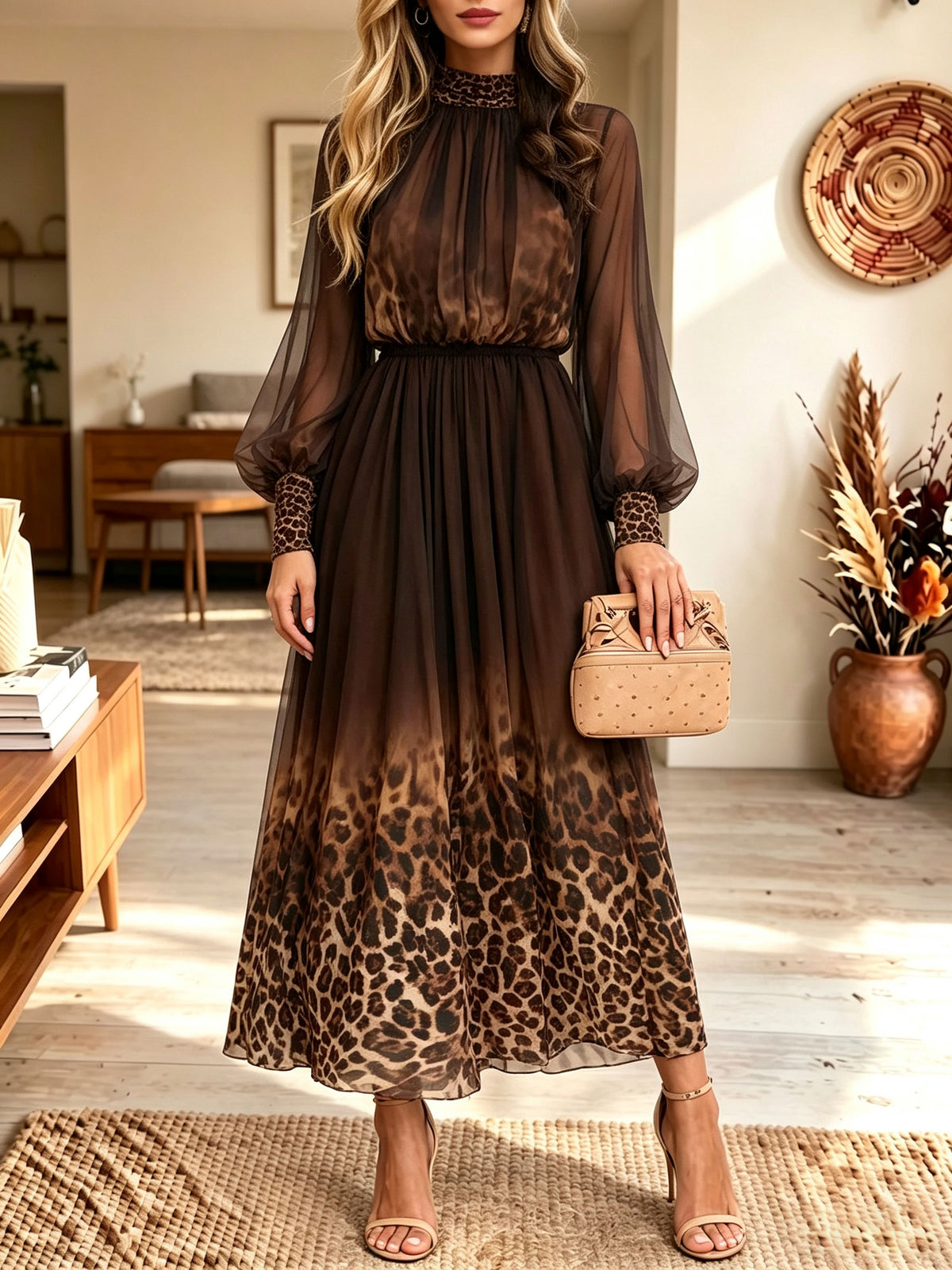 Women Long Sleeve High Neck Elastic Waist Leopard Print Gradient Chiffon Midi Dress