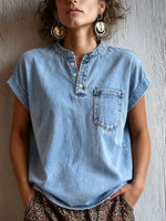 Women's Stand Collar Half Placket Patch Pocket Sleeveless Denim Blouse