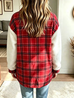 Women's Collared Plaid Print Fleece Patchwork Color-block Long-sleeve Coat