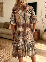 Women Mixed Animal Print Ruffle Midi Dress Loose Casual Pocket Summer Dress