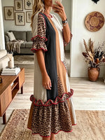 Women's Color Block Vertical Stripe Leopard Patchwork Red Trim Ruffle Sleeve Midi Dress