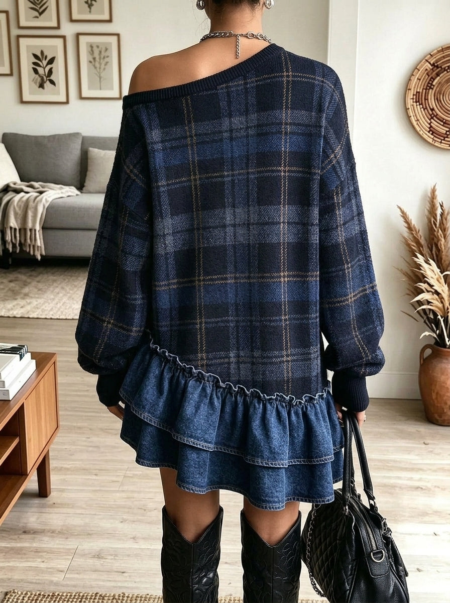 Oversized Plaid Off Shoulder Sweater with Denim Ruffle Hem