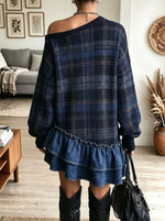 Oversized Plaid Off Shoulder Sweater with Denim Ruffle Hem