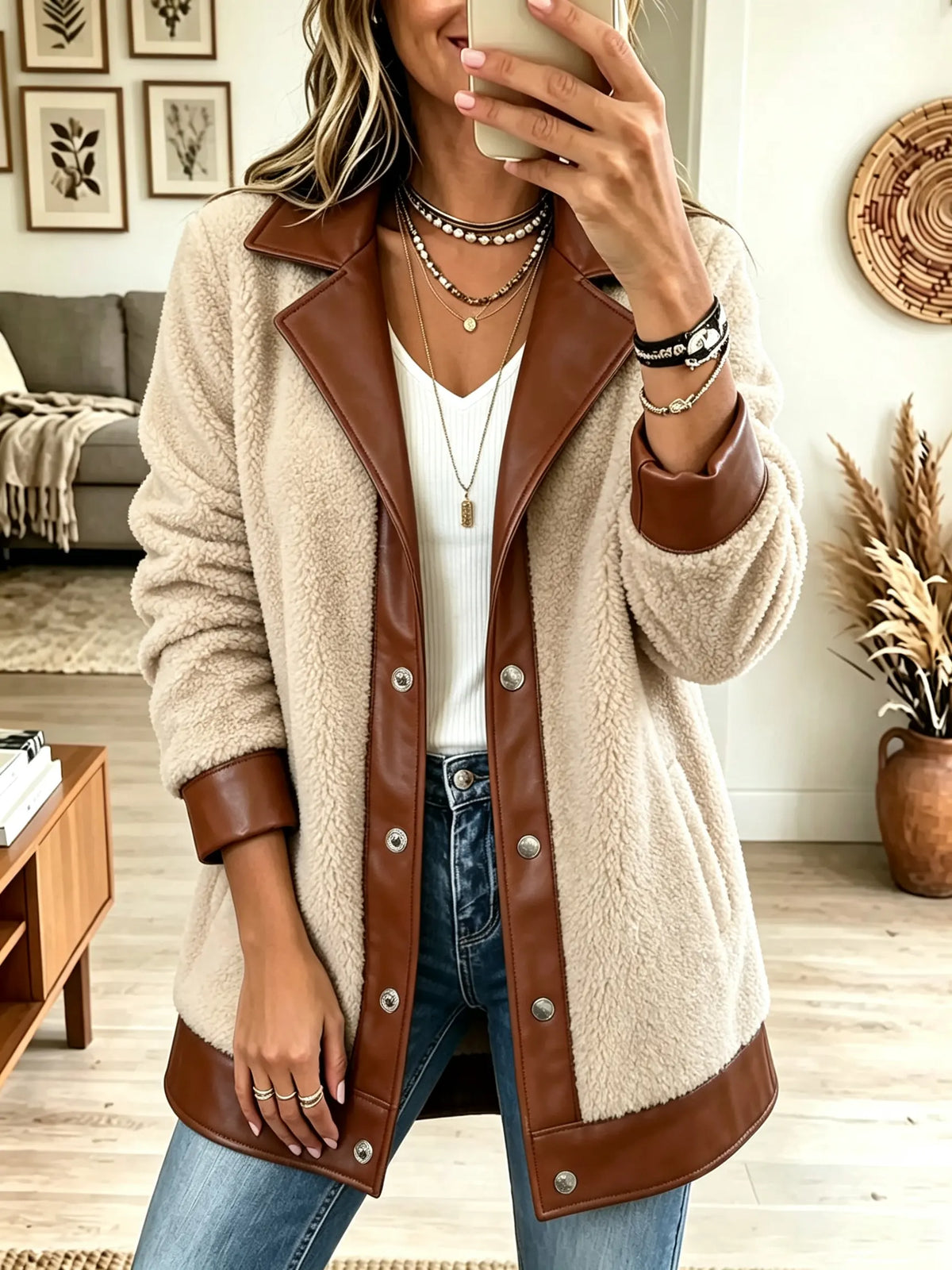 Women's Faux Leather Trim Sherpa Fleece Shacket