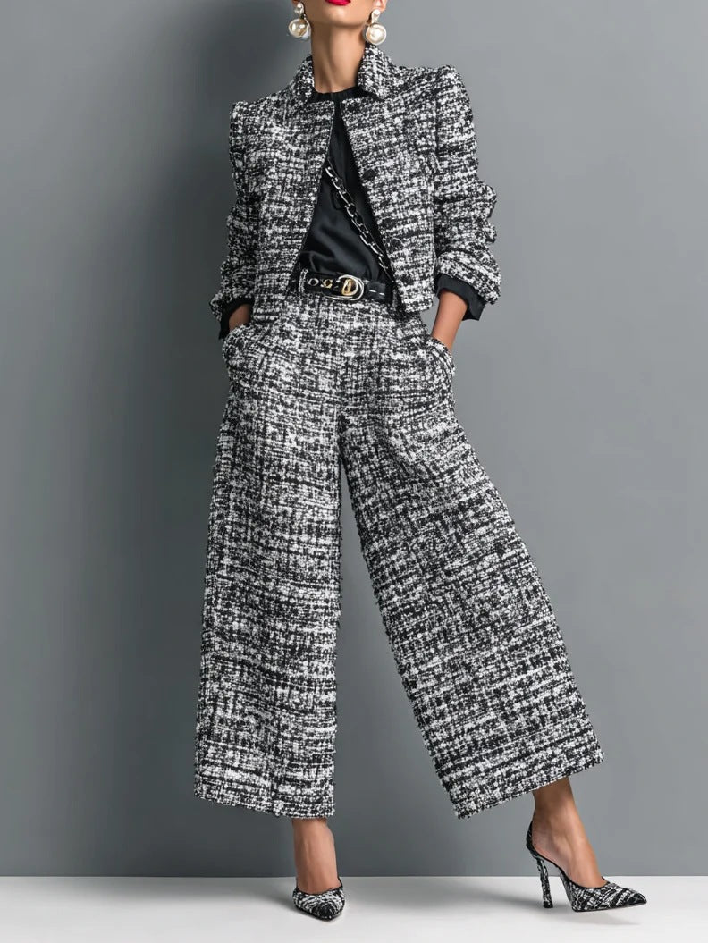 Women Tweed 2 Piece Outfit Collar Cropped Jacket & High Waist Wide Leg Pants Suit Set