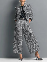 Women Tweed 2 Piece Outfit Collar Cropped Jacket & High Waist Wide Leg Pants Suit Set