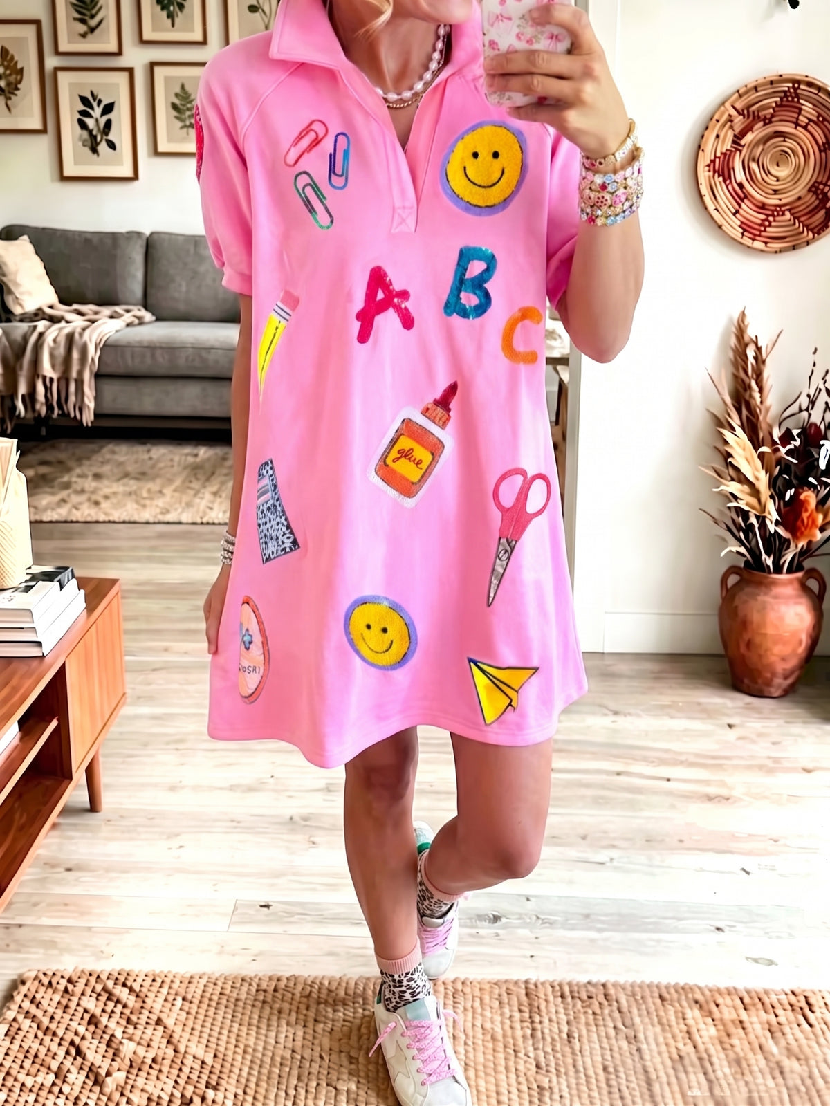 Cute Teacher Stationery Graphic Polo Collar Mini T‑Shirt Dress Women