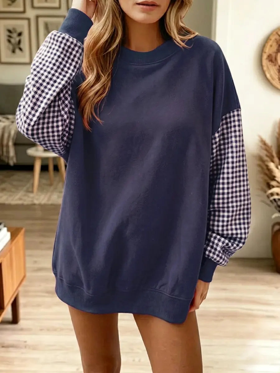 Retro Plaid Patchwork Art Casual Stylish Round Collar Long Sleeve Sweatshirt