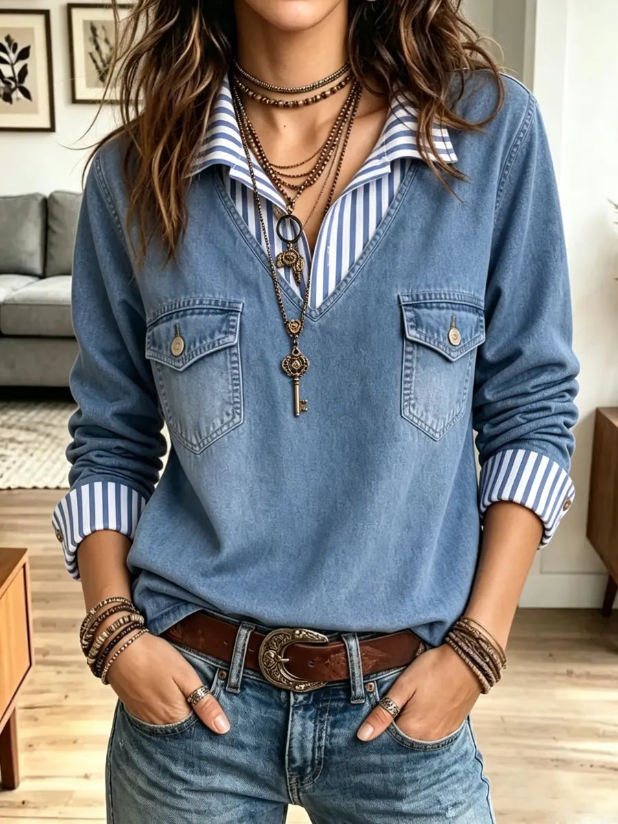 Retro Chic Stripe Denim Patchwork Art Casual Stylish Long Sleeve Shirt