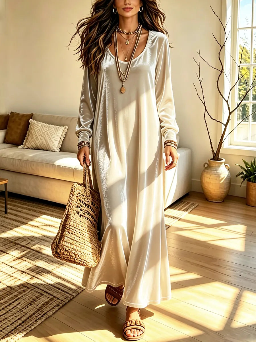 Retro Velvet Art Casual Stylish Round Collar Long Sleeve Long Dress