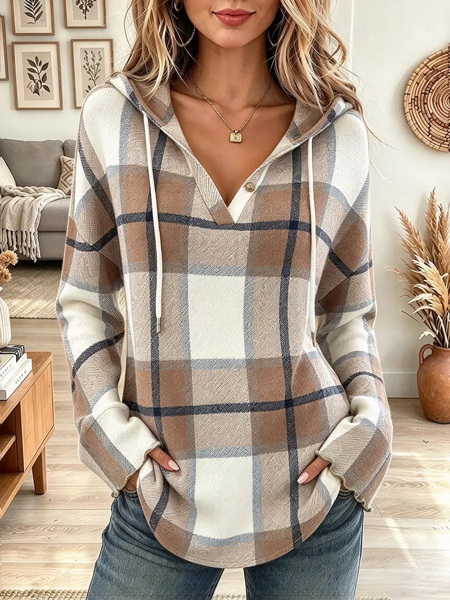 Women's Plaid Print Hooded V Neck Top